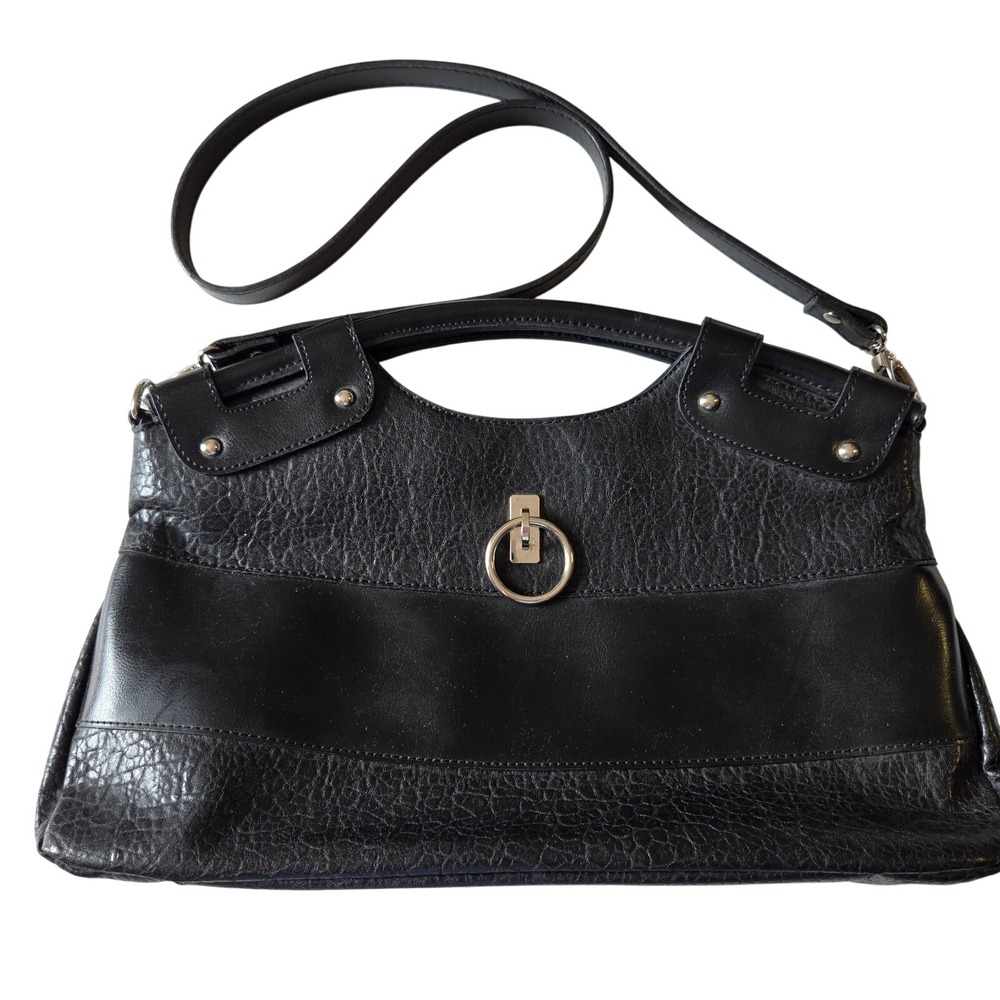 Rina Rich Black Mixed Texture Satchel Bag Silver Ring Detail Crossbody Handbag